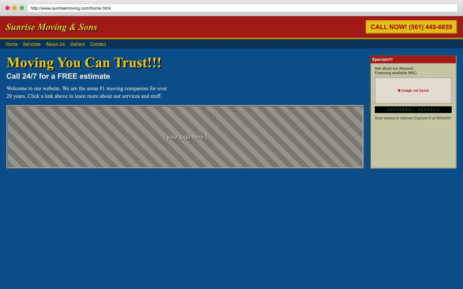 Illustrative example of a dated, broken moving companies website with clashing colors, a missing image, and hard-to-read layout.