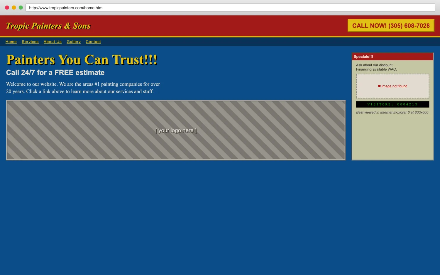 Illustrative example of a dated, broken painters website with clashing colors, a missing image, and hard-to-read layout.