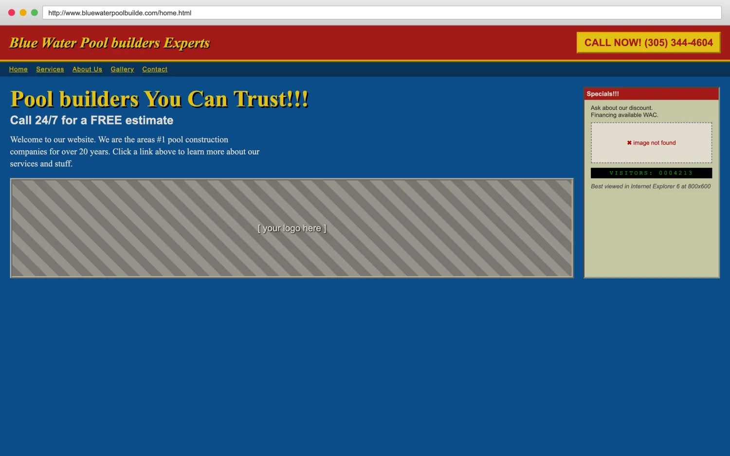 Illustrative example of a dated, broken pool builders website with clashing colors, a missing image, and hard-to-read layout.