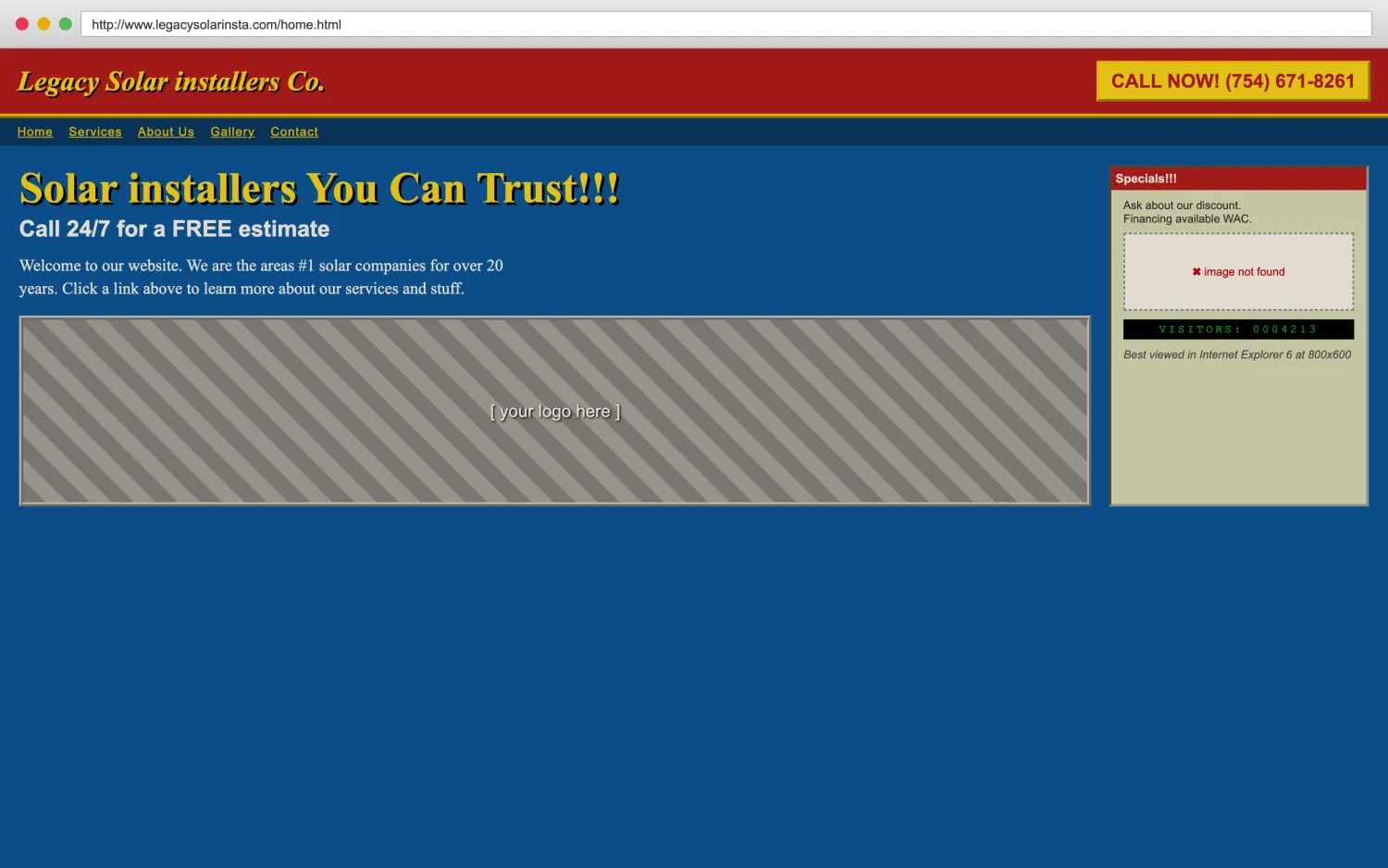 Illustrative example of a dated, broken solar installers website with clashing colors, a missing image, and hard-to-read layout.