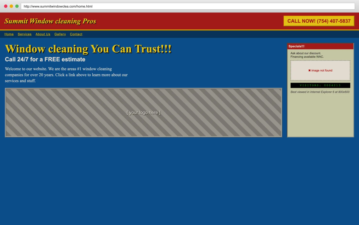 Illustrative example of a dated, broken window cleaning website with clashing colors, a missing image, and hard-to-read layout.