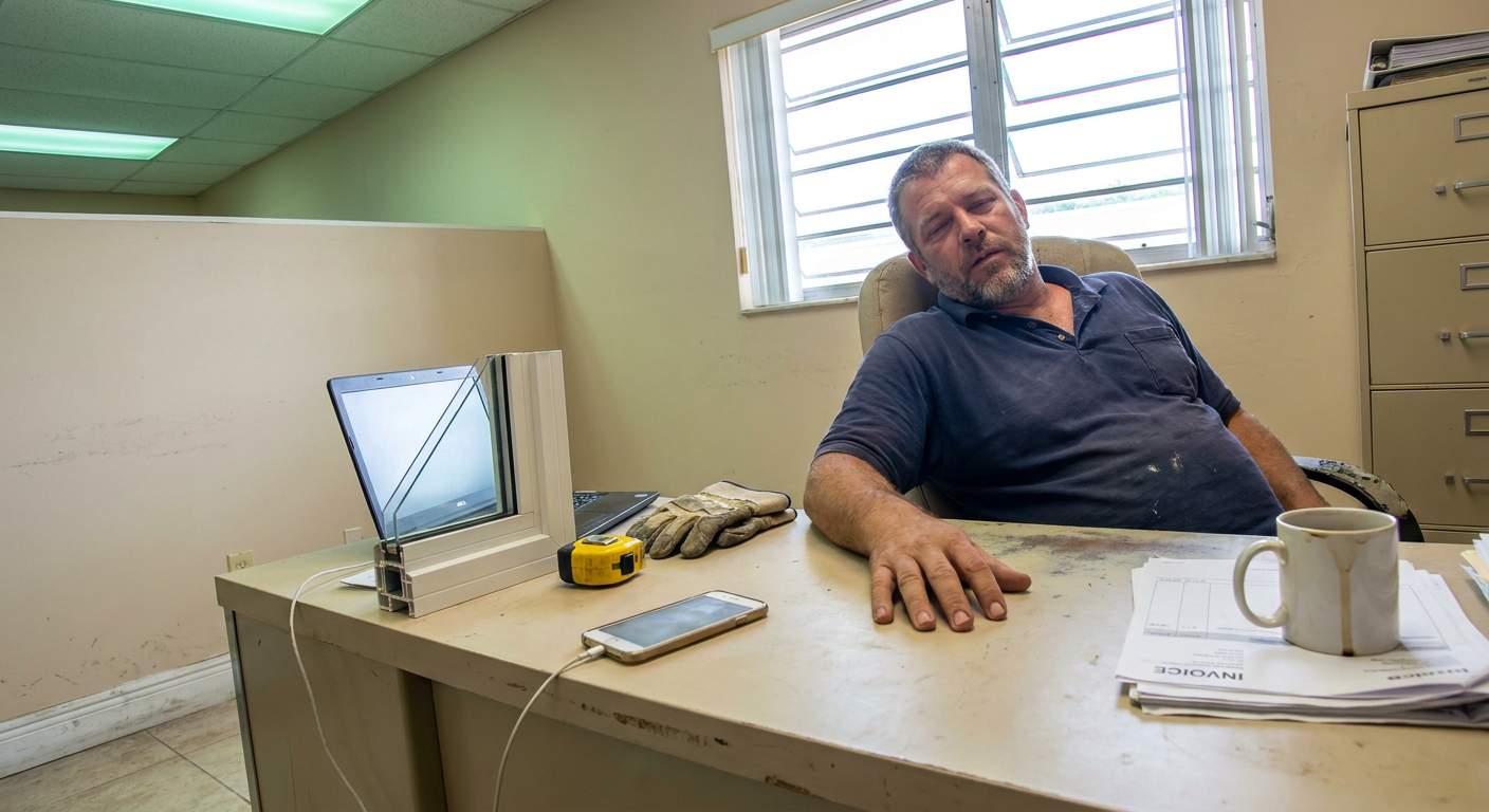 Tired worker sitting behind a cluttered office desk with a window frame sample, paperwork, and a coffee mug.
