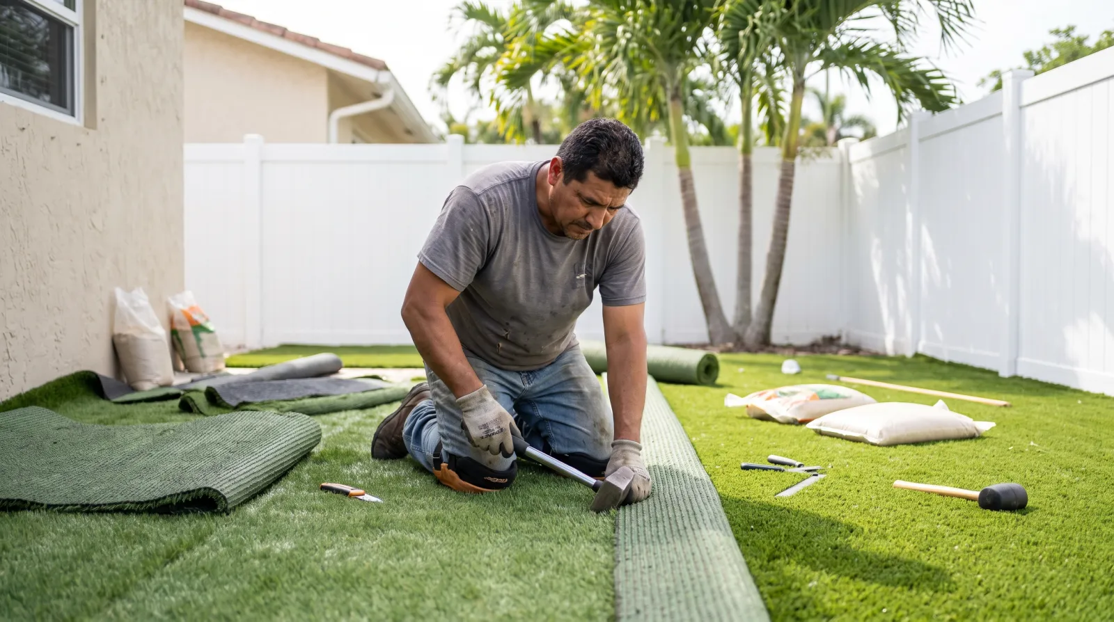 A worker kneels to trim and seam artificial turf into a residential backyard lawn in South Florida.