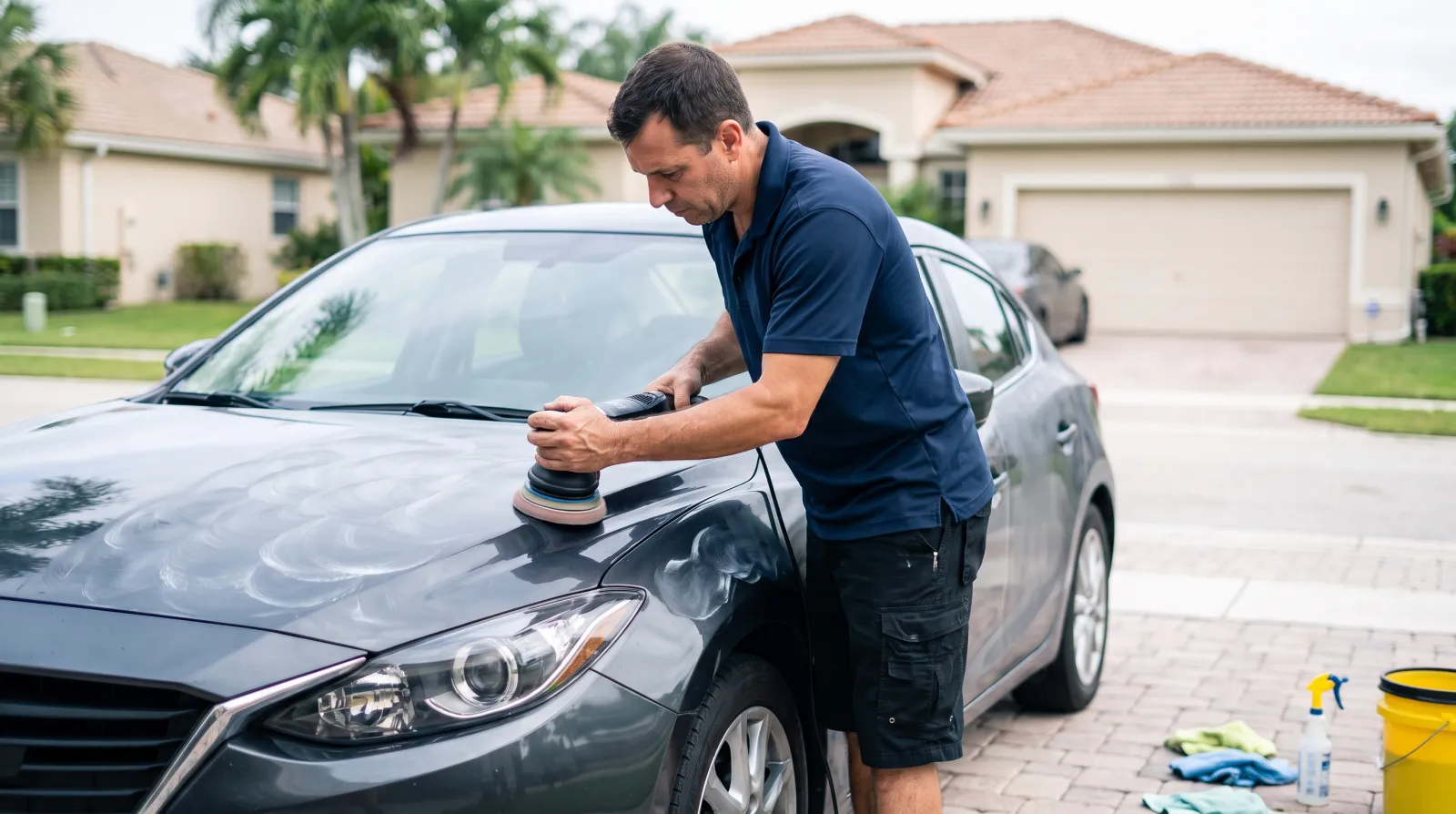 An auto detailer uses a dual-action polisher to buff the hood of a dark sedan in a residential driveway in South Florida.