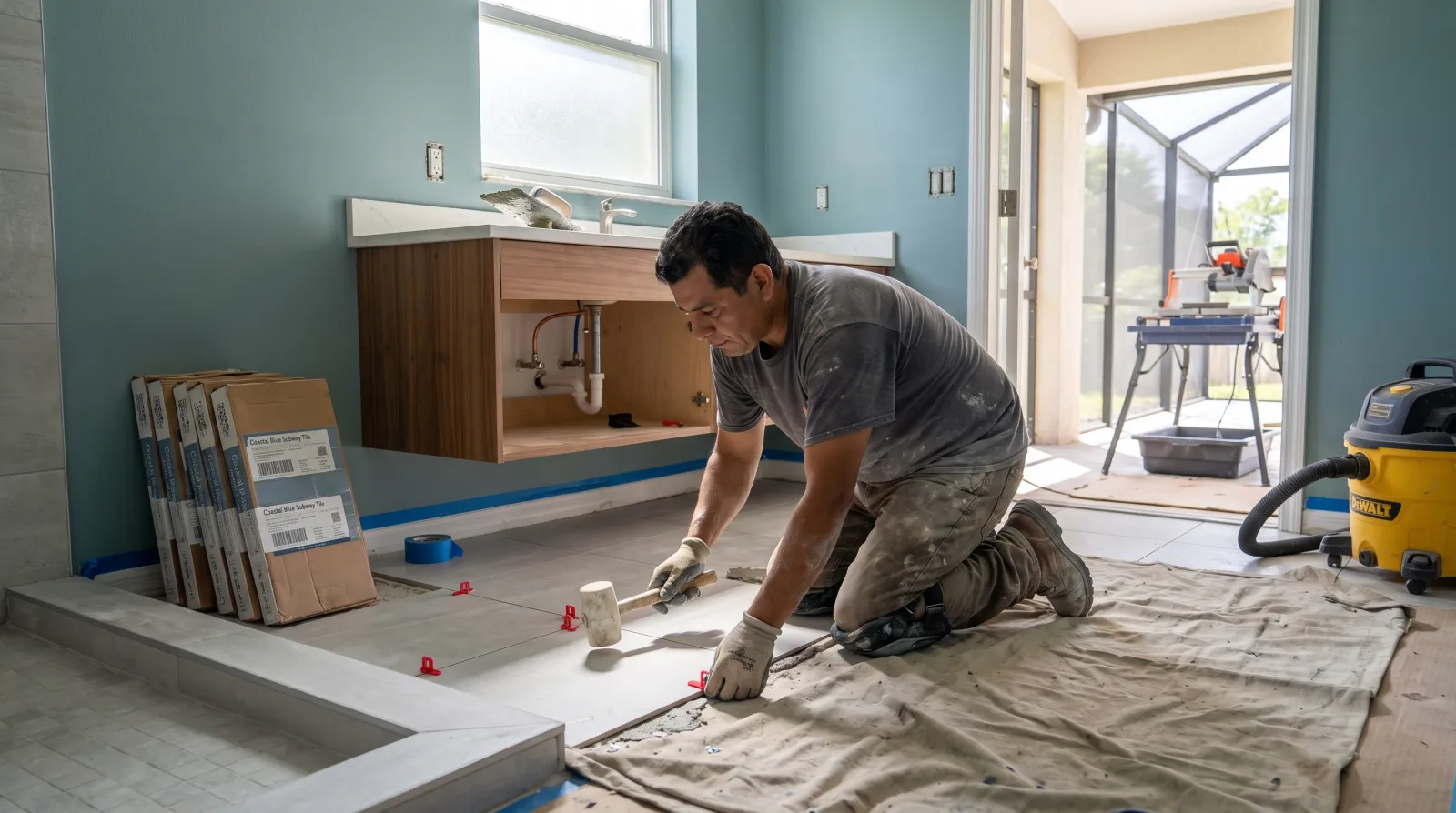 A tradesman kneels to set large-format floor tile into mortar next to a new walk-in shower during a mid-renovation bathroom remodel in a South Florida home.