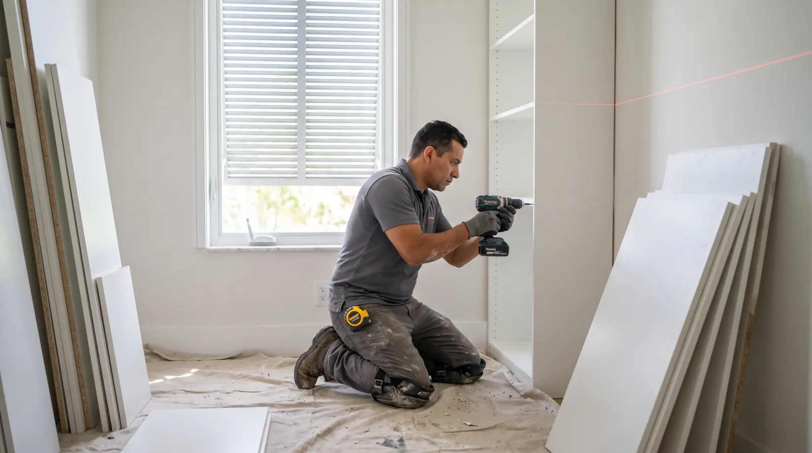 An installer kneels in a bright walk-in closet securing a custom white shelving system to the wall with a drill in a South Florida home.