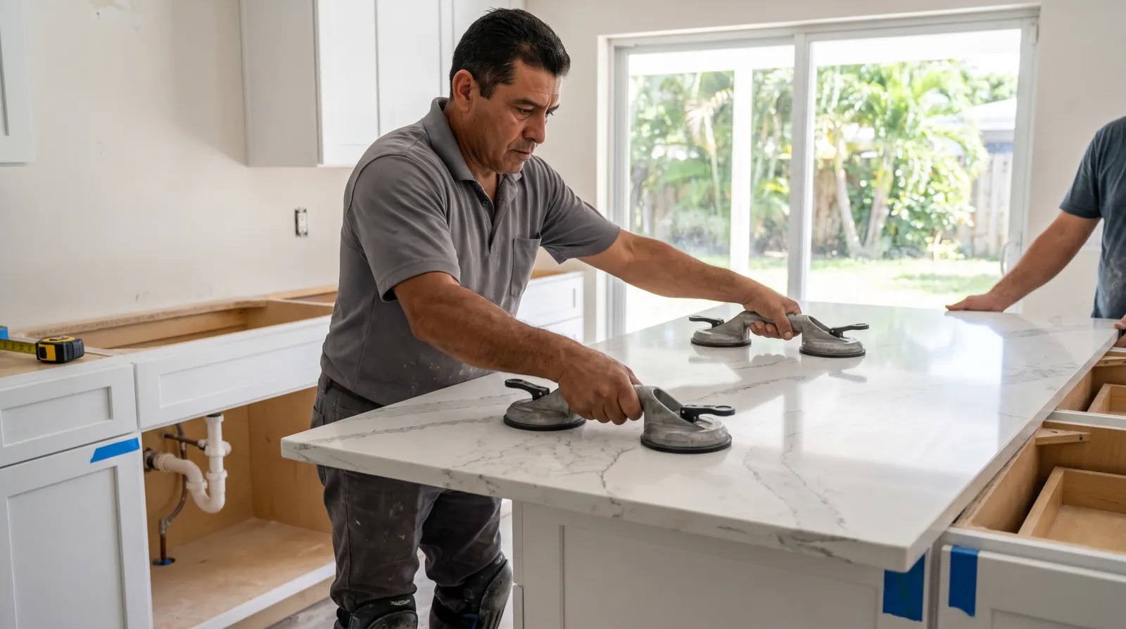 A countertop installer uses suction cup handles to carefully lower a white-and-grey veined quartz slab onto new kitchen cabinets during a home renovation in South Florida.