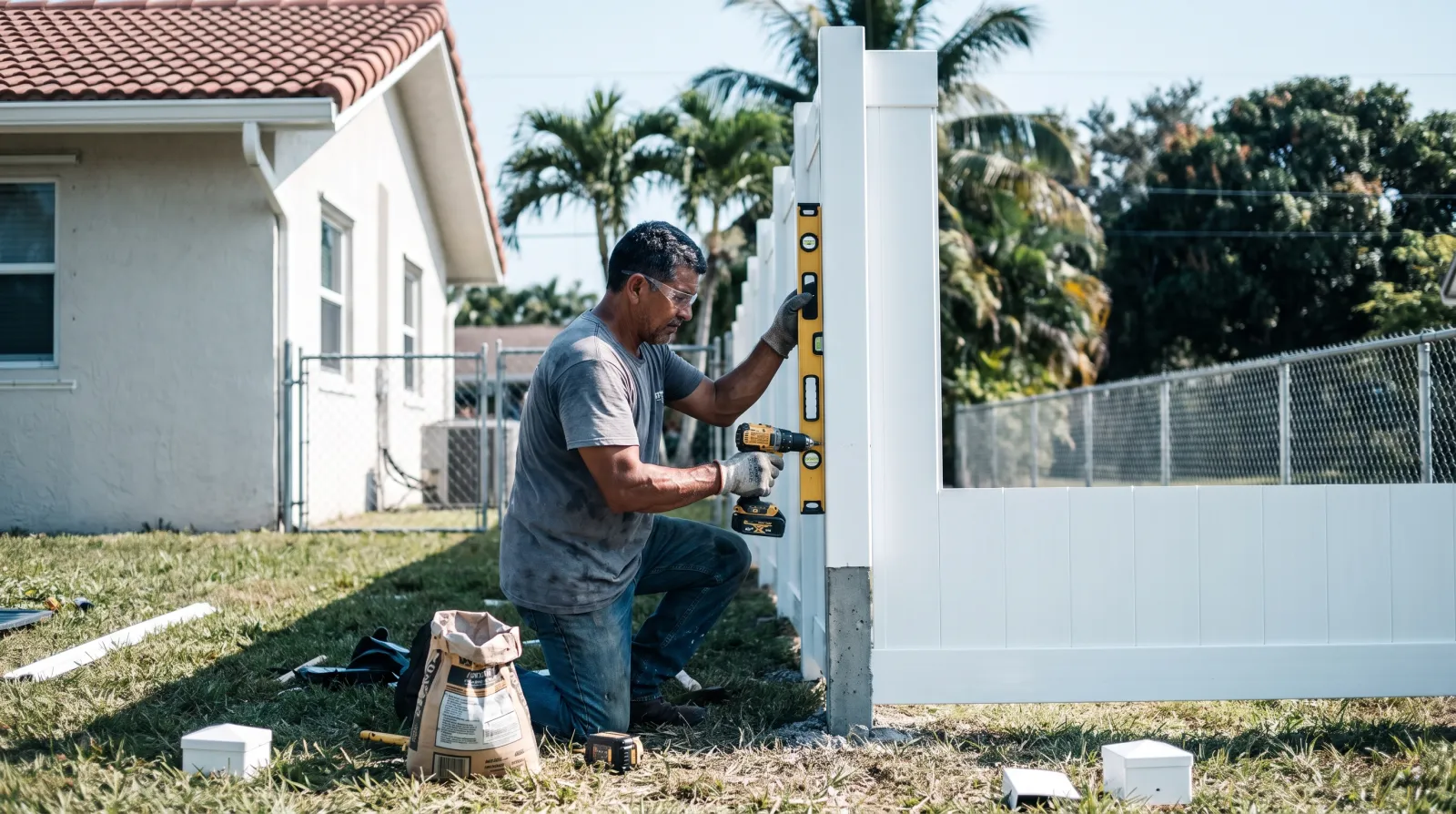 A fence installer secures a white vinyl privacy fence panel to a post in the side yard of a stucco home in South Florida.