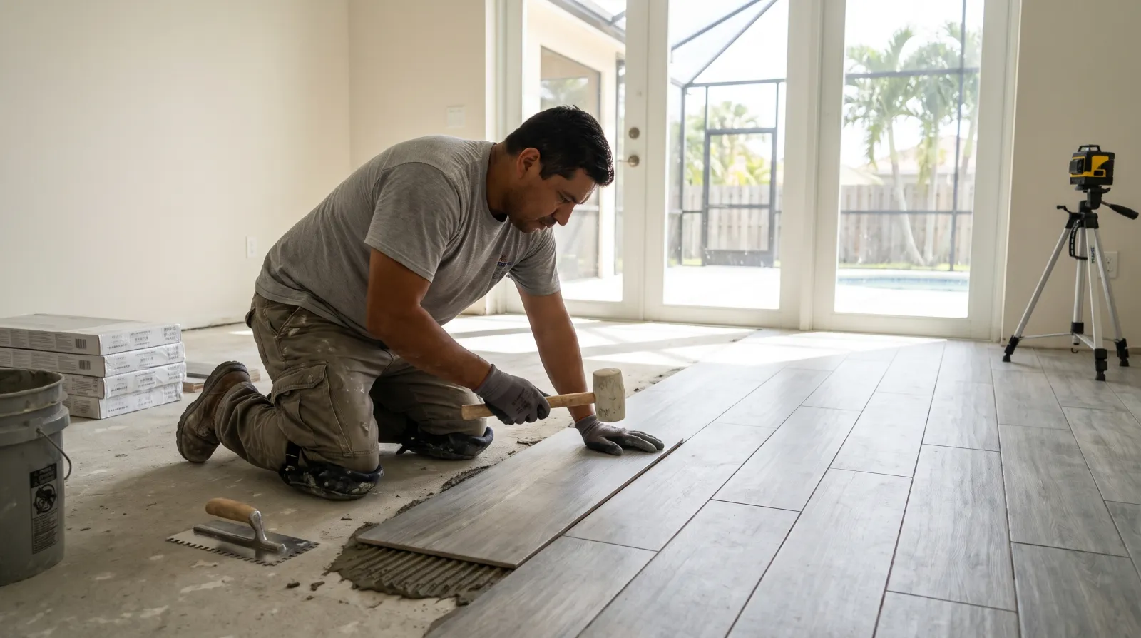 A flooring installer kneels to set a gray porcelain plank tile into mortar in a sunlit South Florida living room.