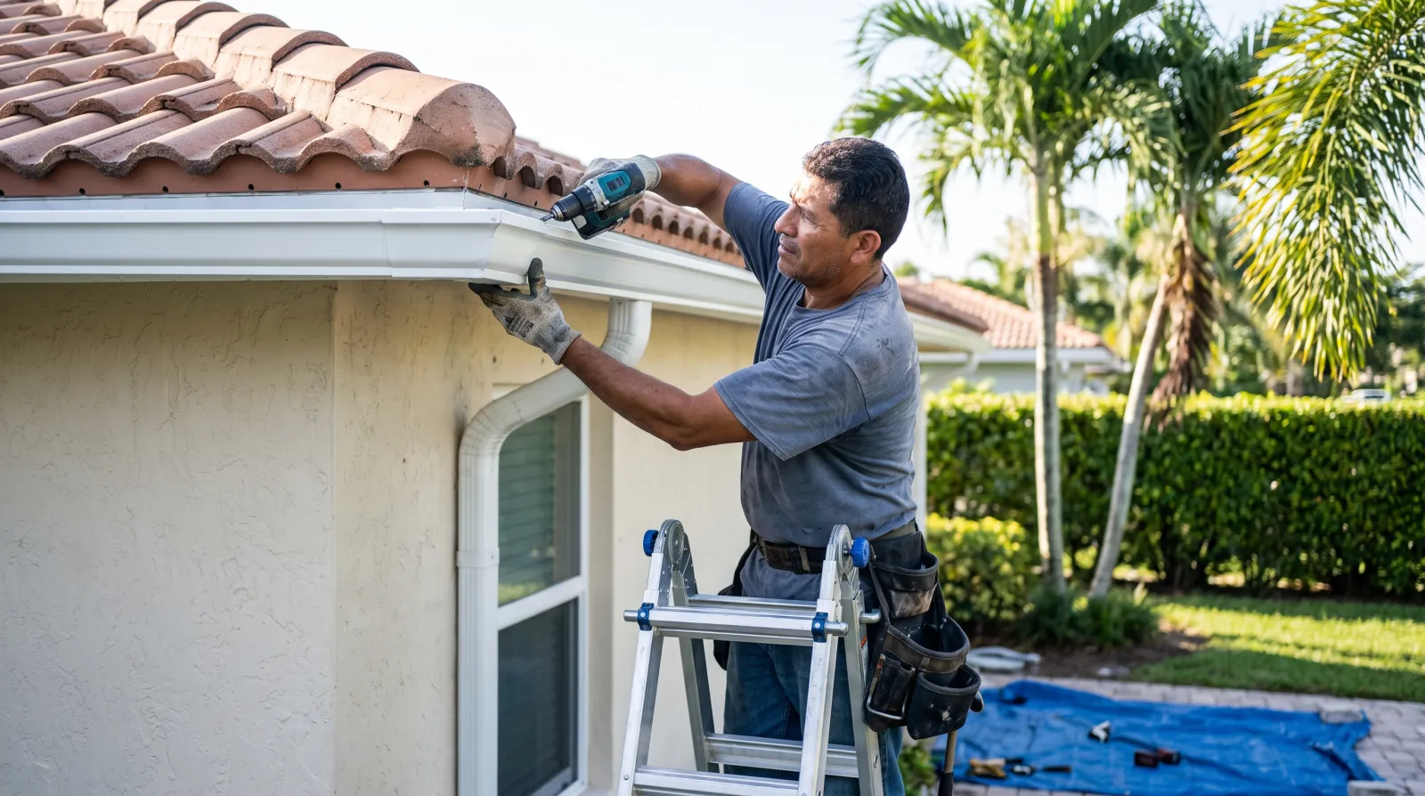 A gutter installer on a ladder secures a new seamless aluminum gutter to the fascia of a tile-roofed home in South Florida.