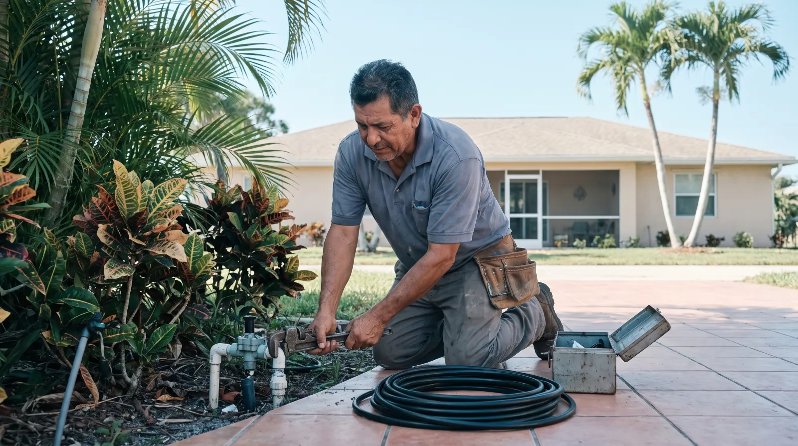 A handyman kneels on a patio repairing a sprinkler valve in a landscaped garden outside a home in Fort Lauderdale, South Florida.