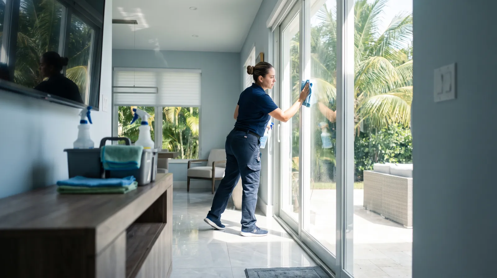 A house cleaner wipes down a large sliding glass door in the sunlit living room of a South Florida home.