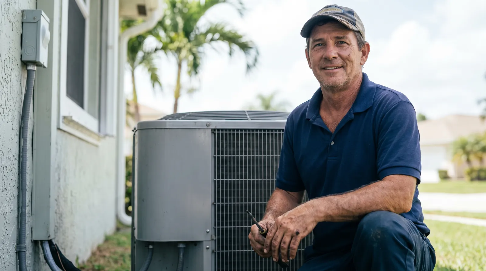 HVAC technician servicing an outdoor air conditioning unit at a South Florida home.