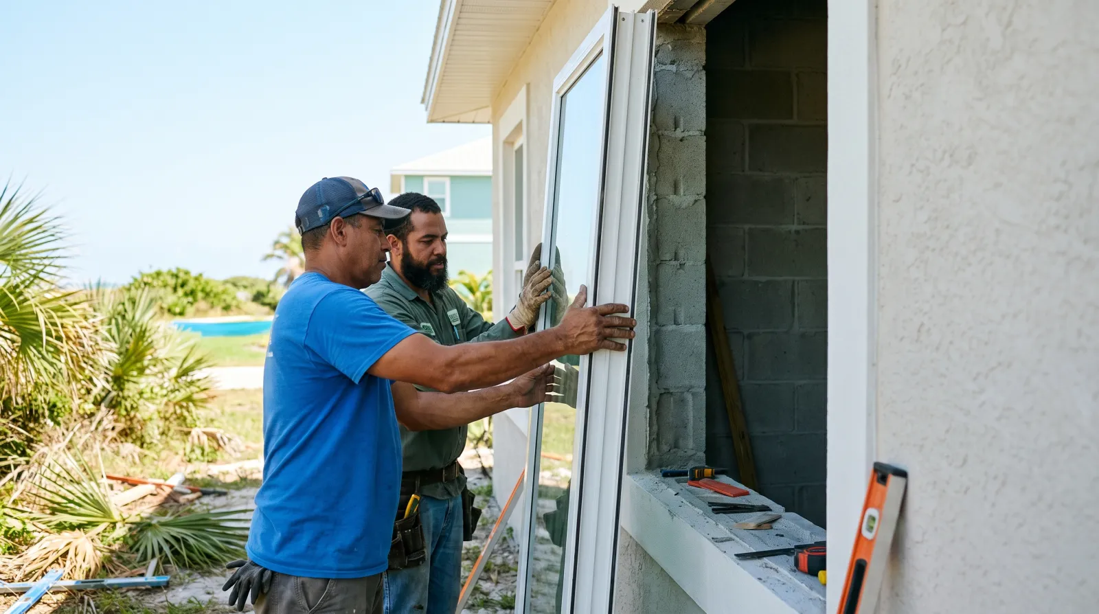 Installers fitting a hurricane-rated impact window on a South Florida home.