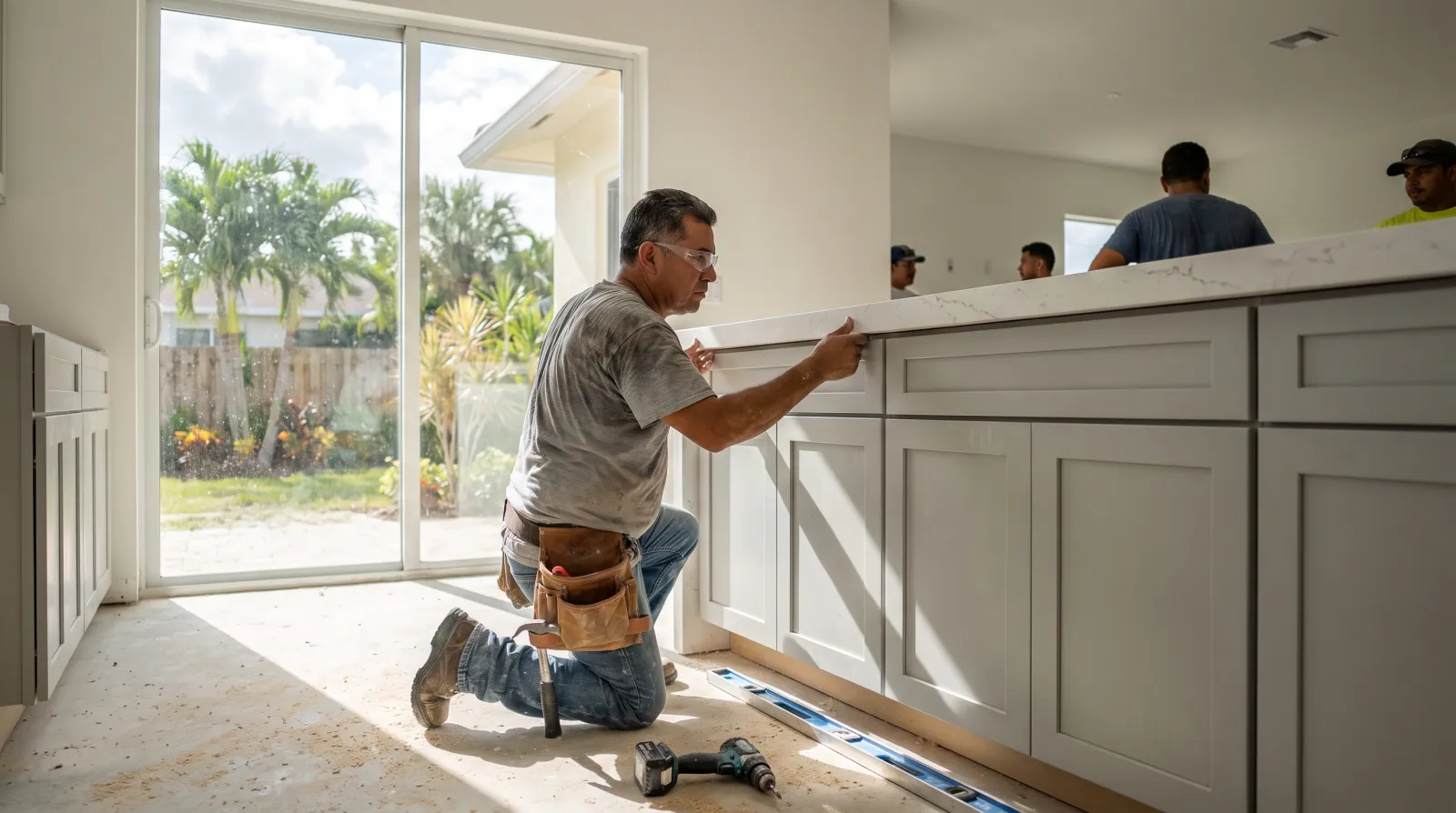 A contractor kneels while installing a white quartz countertop onto new kitchen cabinets during a home renovation in South Florida.