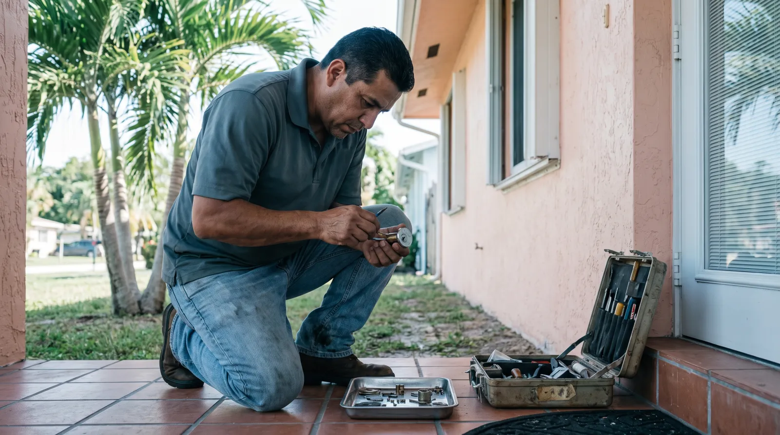 A locksmith kneels at the front door of a South Florida stucco home, rekeying a deadbolt cylinder with a tension wrench and tray of pin tumblers.