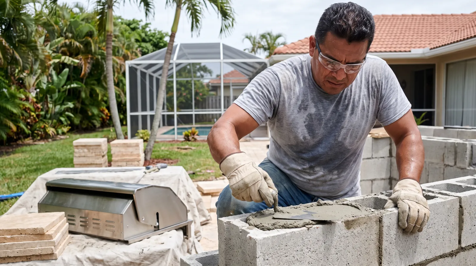 A mason troweling mortar onto concrete block to build a backyard outdoor kitchen island beside a screened pool lanai at a South Florida home.