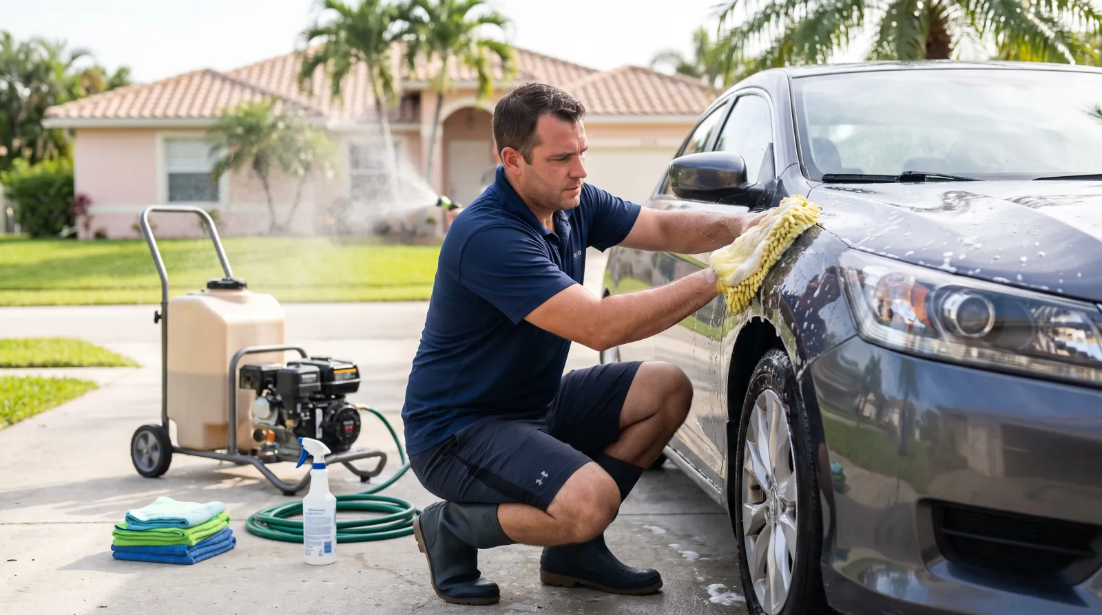 A mobile car wash detailer kneels beside a sedan hand-washing it with a soapy mitt on a sunlit residential driveway in South Florida.