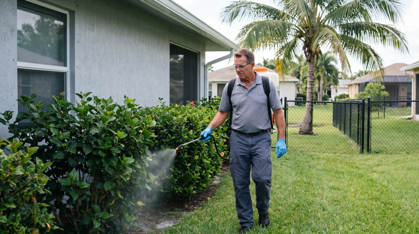 A mosquito control technician in a gray uniform uses a backpack sprayer to treat hedges along a stucco home's yard in a South Florida neighborhood.