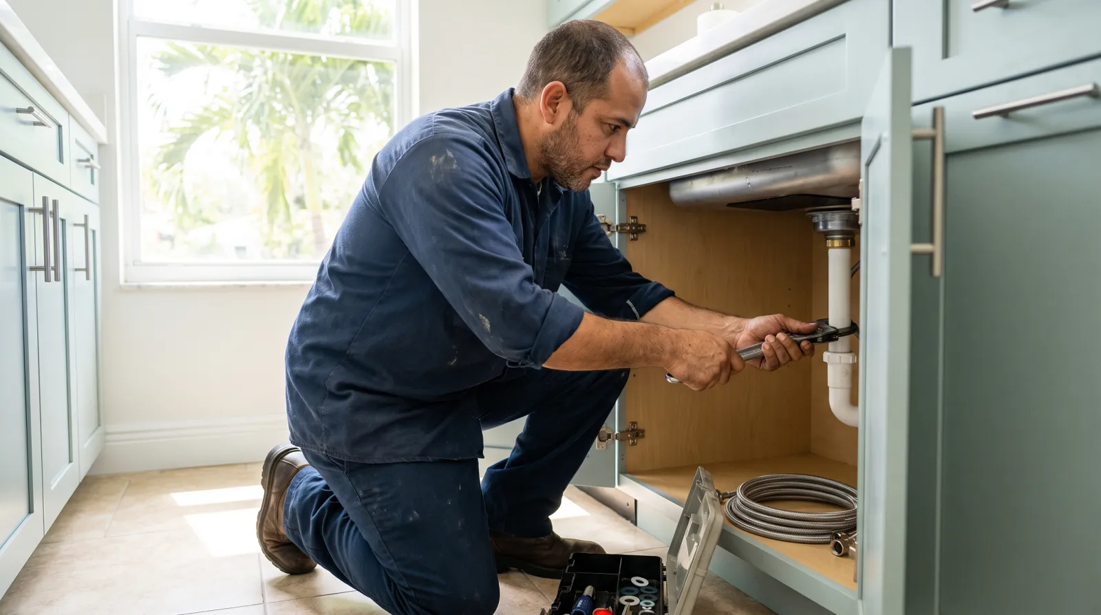 A plumber kneels under a residential kitchen sink in South Florida, using a basin wrench to tighten the water-supply line connection.