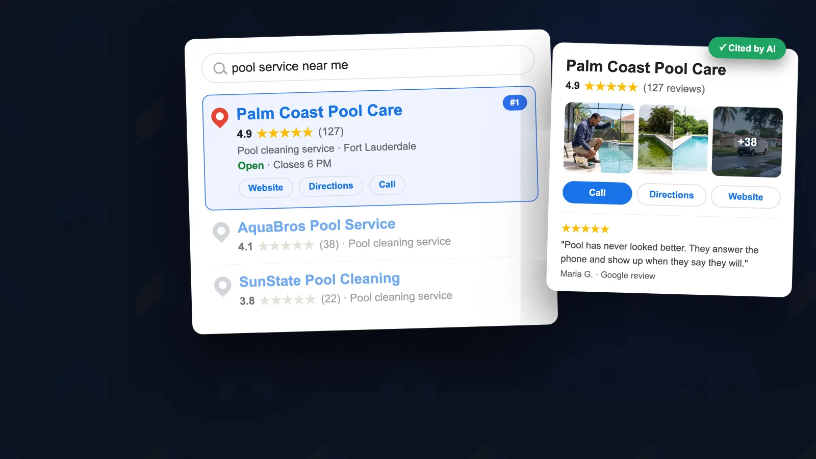 Google Business Profile view of a Fort Lauderdale pool service company ranked first in the local map pack with a 4.9-star rating (illustrative example).