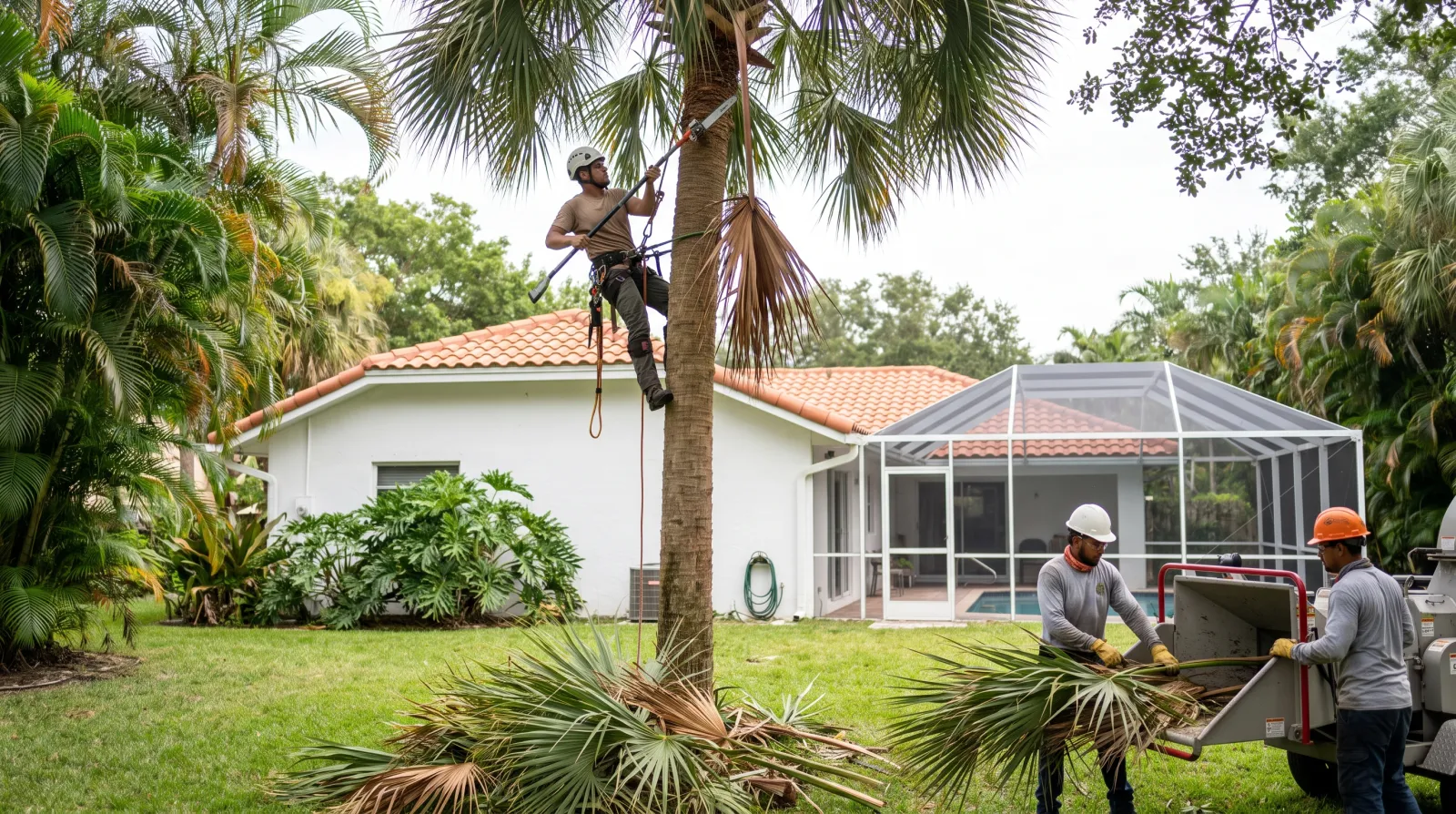 A pressure washing technician uses a surface cleaner attachment to remove oil stains and grime from a paver driveway in front of a South Florida home.