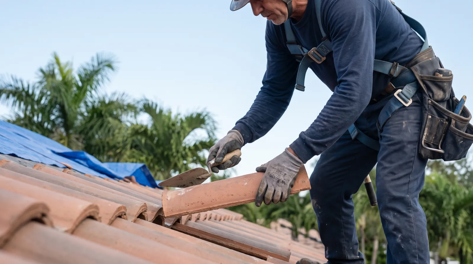Local SEO for Roofers in South Florida | FoundRank.ai Roofer installing clay barrel roof tiles on a South Florida home.