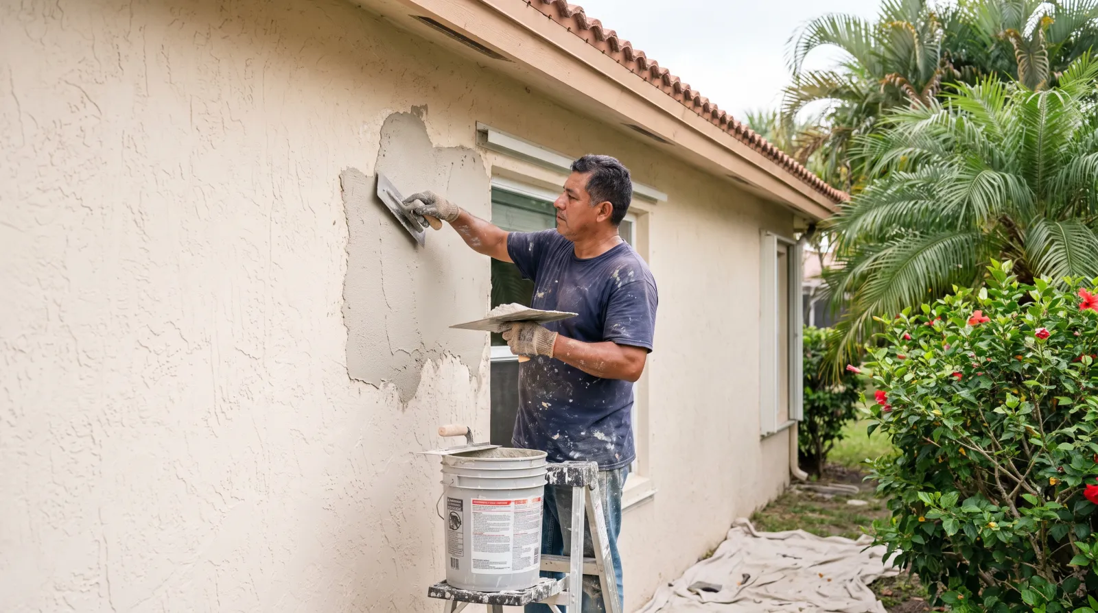 A siding installer snaps a white vinyl panel into place on a stucco home in a Fort Lauderdale, South Florida neighborhood.