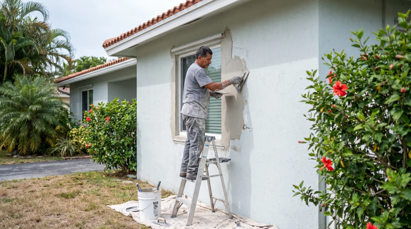 A contractor on a ladder skim-coats a stucco crack repair around a window on a South Florida ranch-style home.