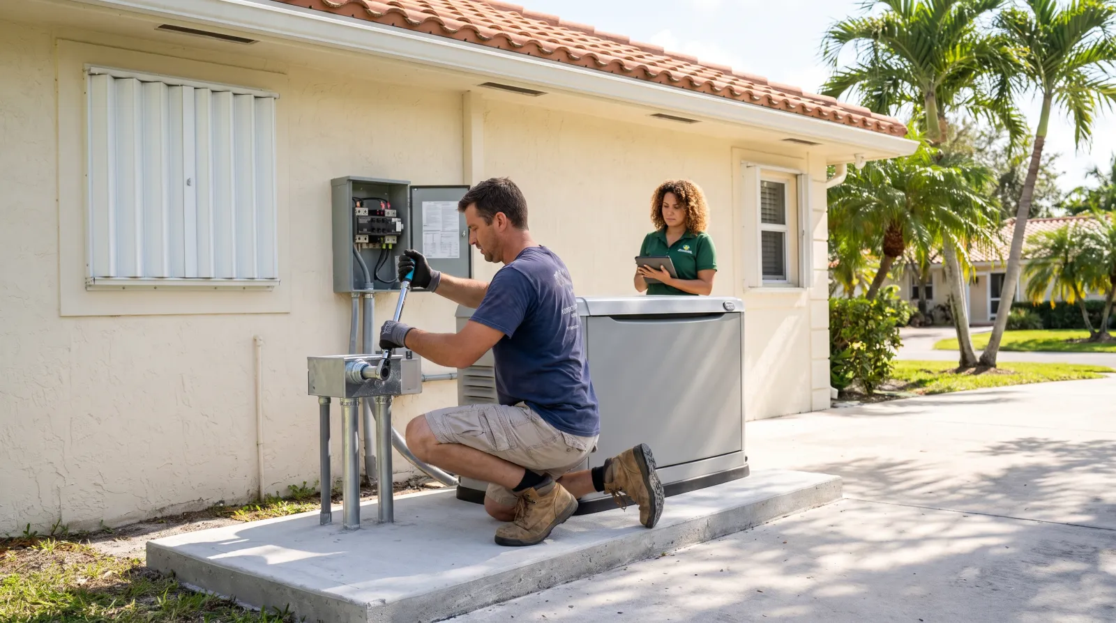 A technician kneels beside a whole-house standby generator on a concrete pad, tightening the transfer switch connection at a South Florida stucco home.