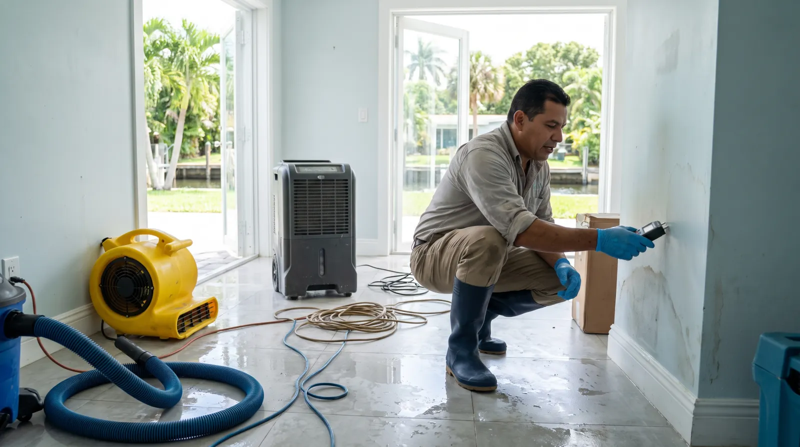 A water damage restoration technician checks a moisture meter reading on a water-stained wall while positioning an air mover and dehumidifier in a flooded South Florida home.