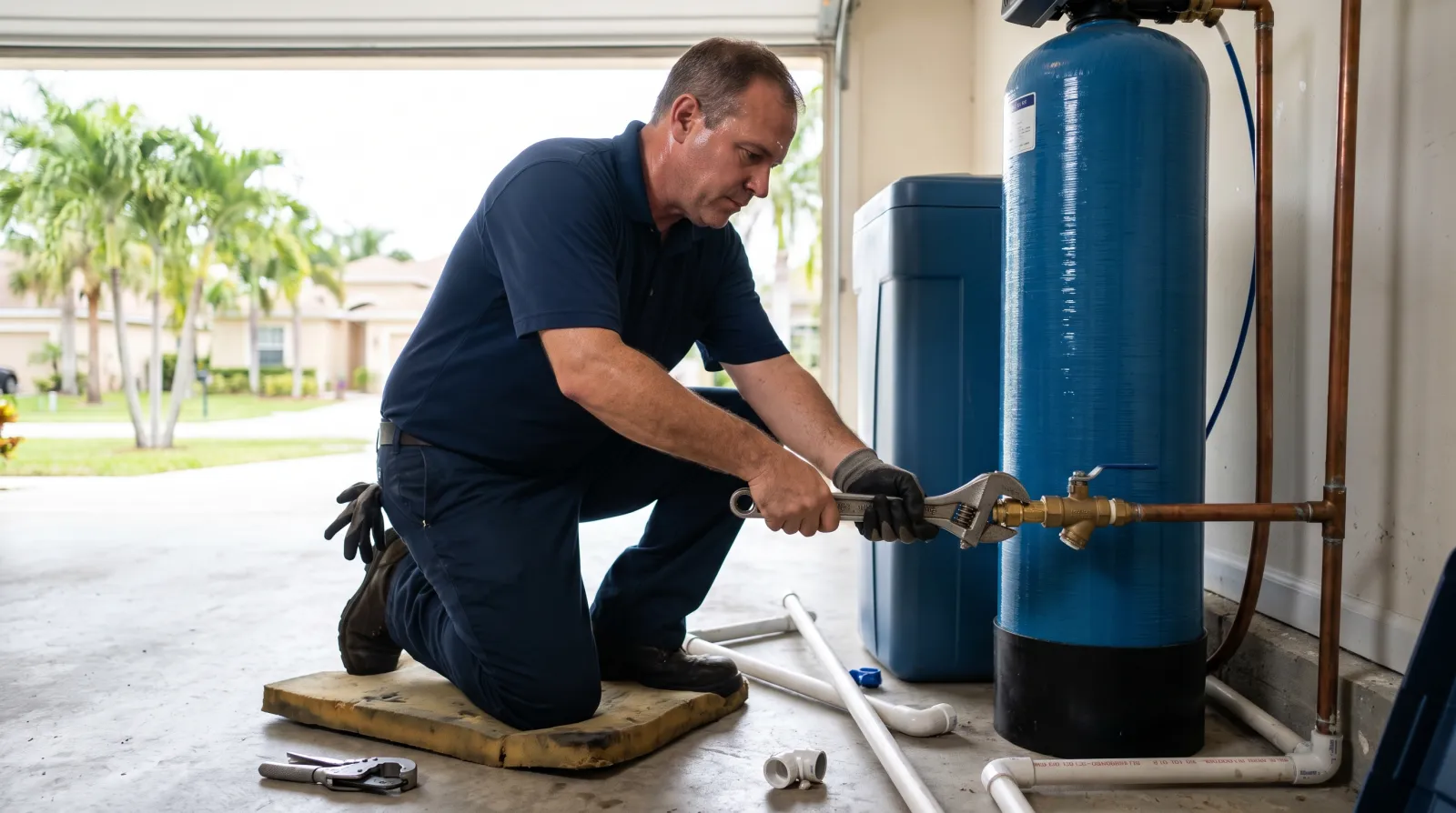 A technician kneels in a South Florida home's garage connecting the bypass valve piping on a newly installed water softener system.
