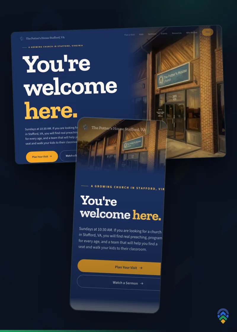 The Potter's House Stafford church website by FoundRank.ai, shown on desktop and mobile against the FoundRank chevron backdrop.