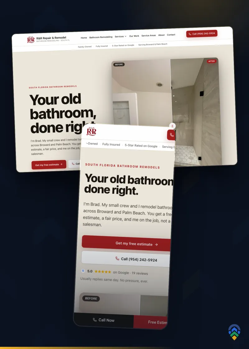 R&R Repair & Remodel bathroom remodeling website by FoundRank.ai, shown on desktop and mobile against the FoundRank chevron backdrop.