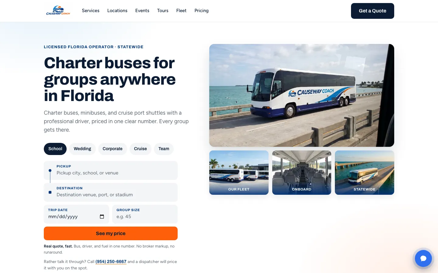 Causeway Coach homepage with a white charter bus and a trip quote form.