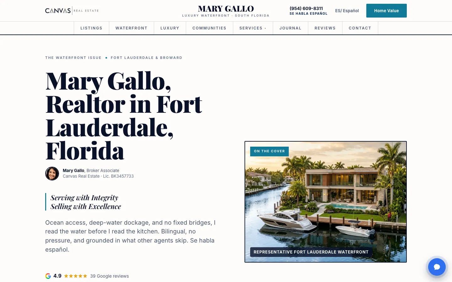 Mary Gallo realtor homepage showing a Fort Lauderdale waterfront home with docked boats.