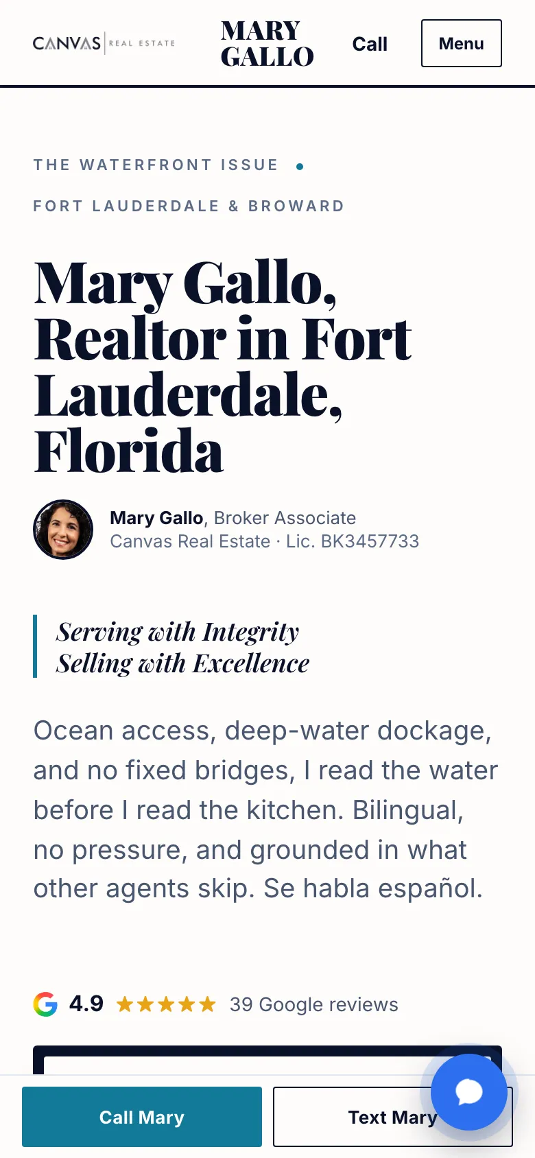 Mary Gallo realtor mobile website homepage for Fort Lauderdale, Florida.