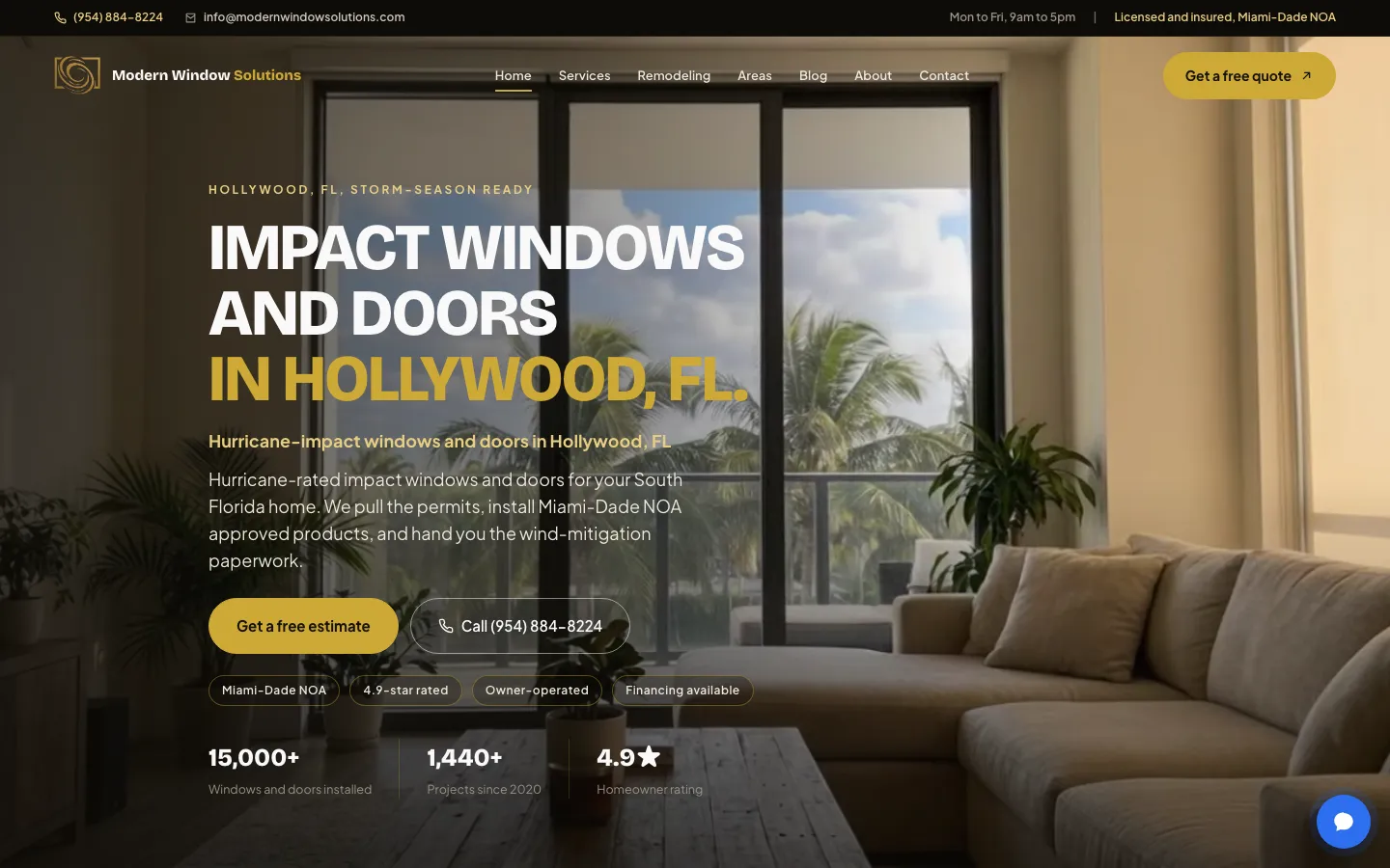Modern Window Solutions homepage for impact windows and doors in Hollywood, Florida.