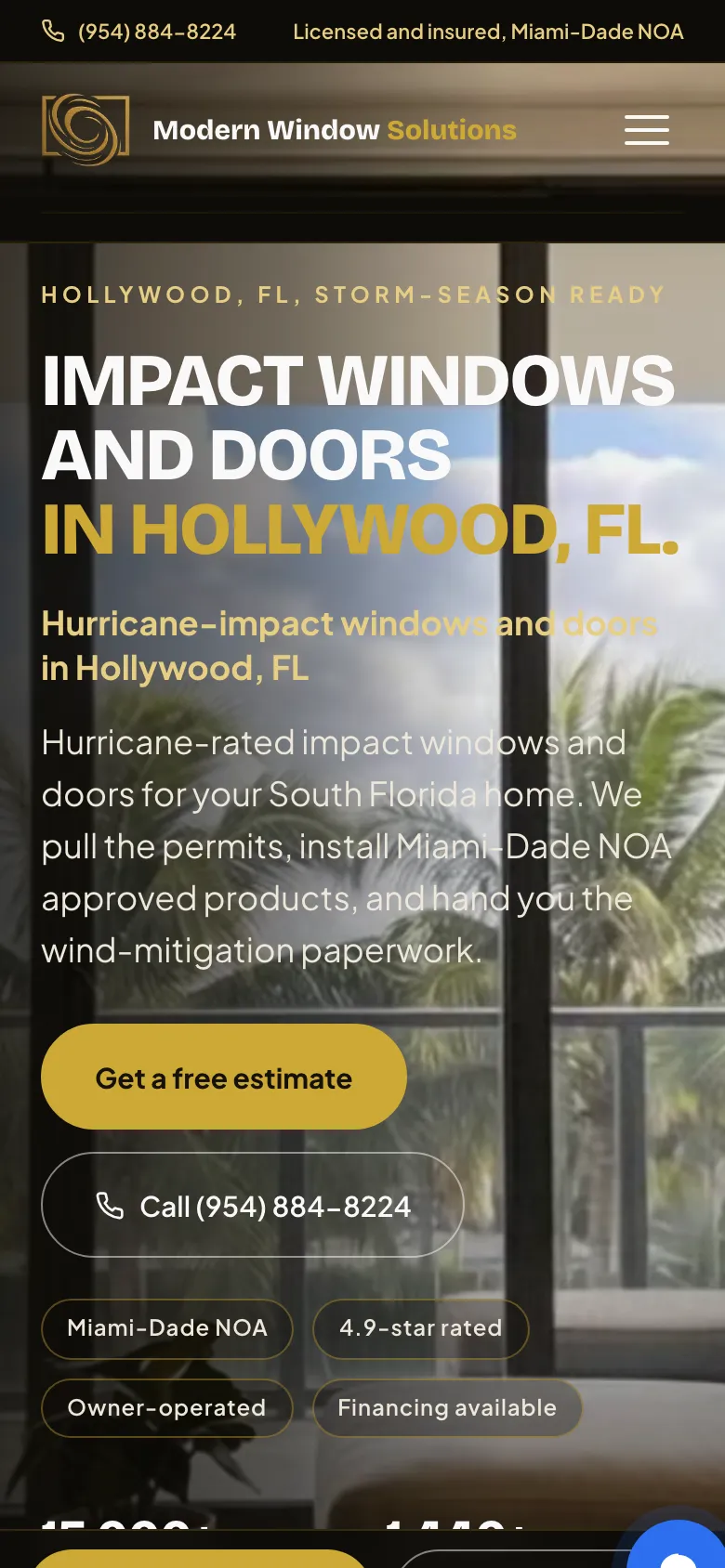 Modern Window Solutions mobile website homepage for impact windows and doors in Hollywood, FL.