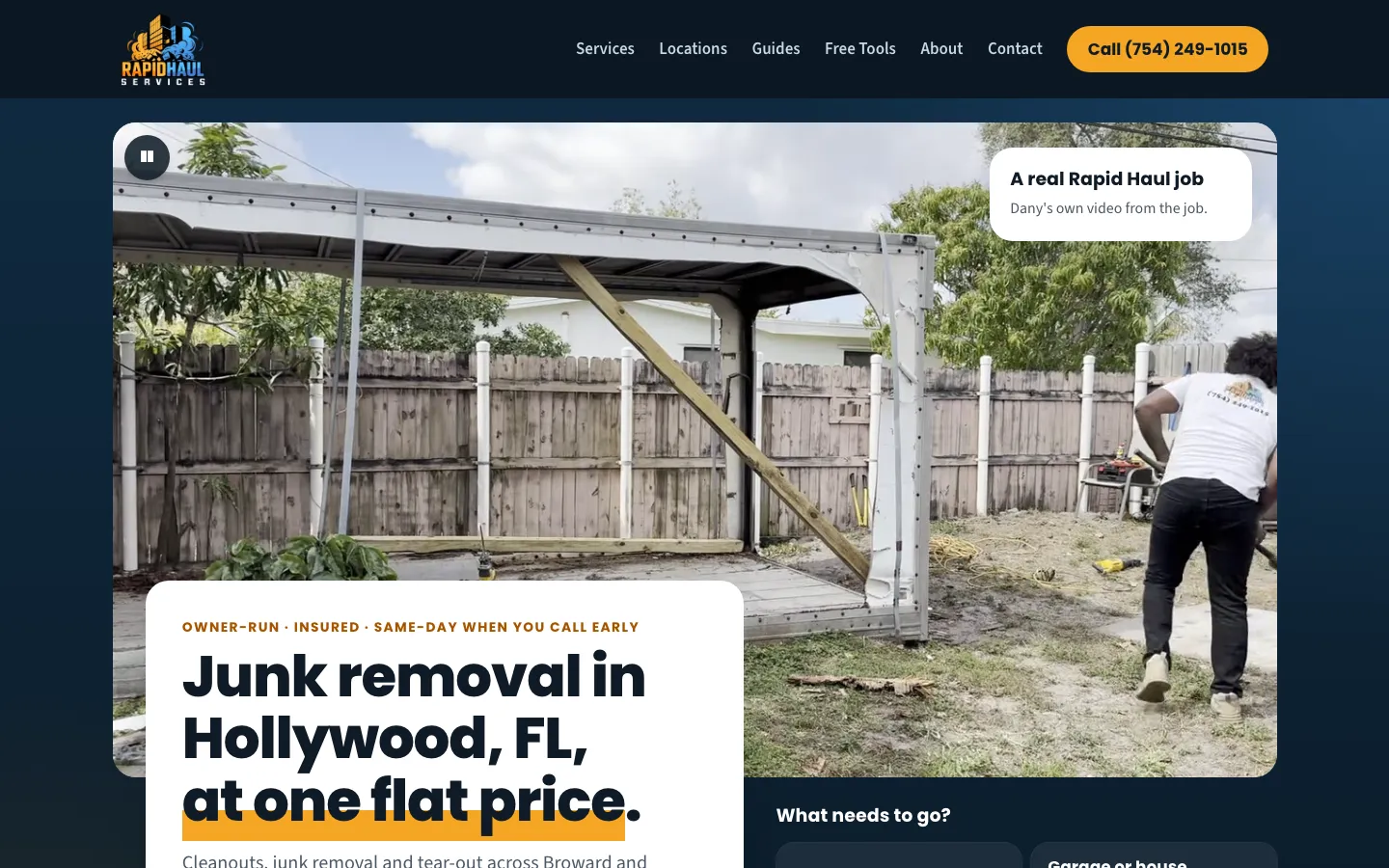 Rapid Haul Services homepage showing a worker dismantling a metal backyard carport.