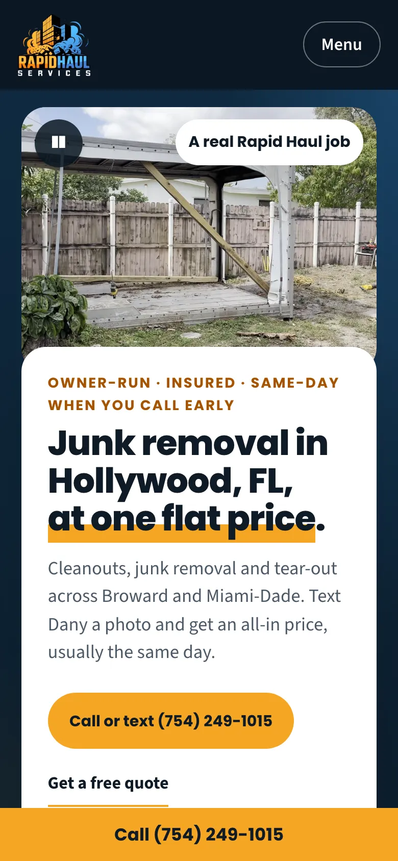 Rapid Haul Services mobile website homepage with a flat price junk removal headline.