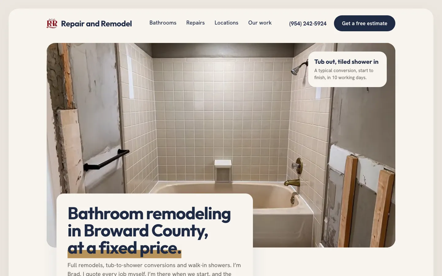 R&R Repair & Remodel homepage showing a bathroom remodel in Broward County.