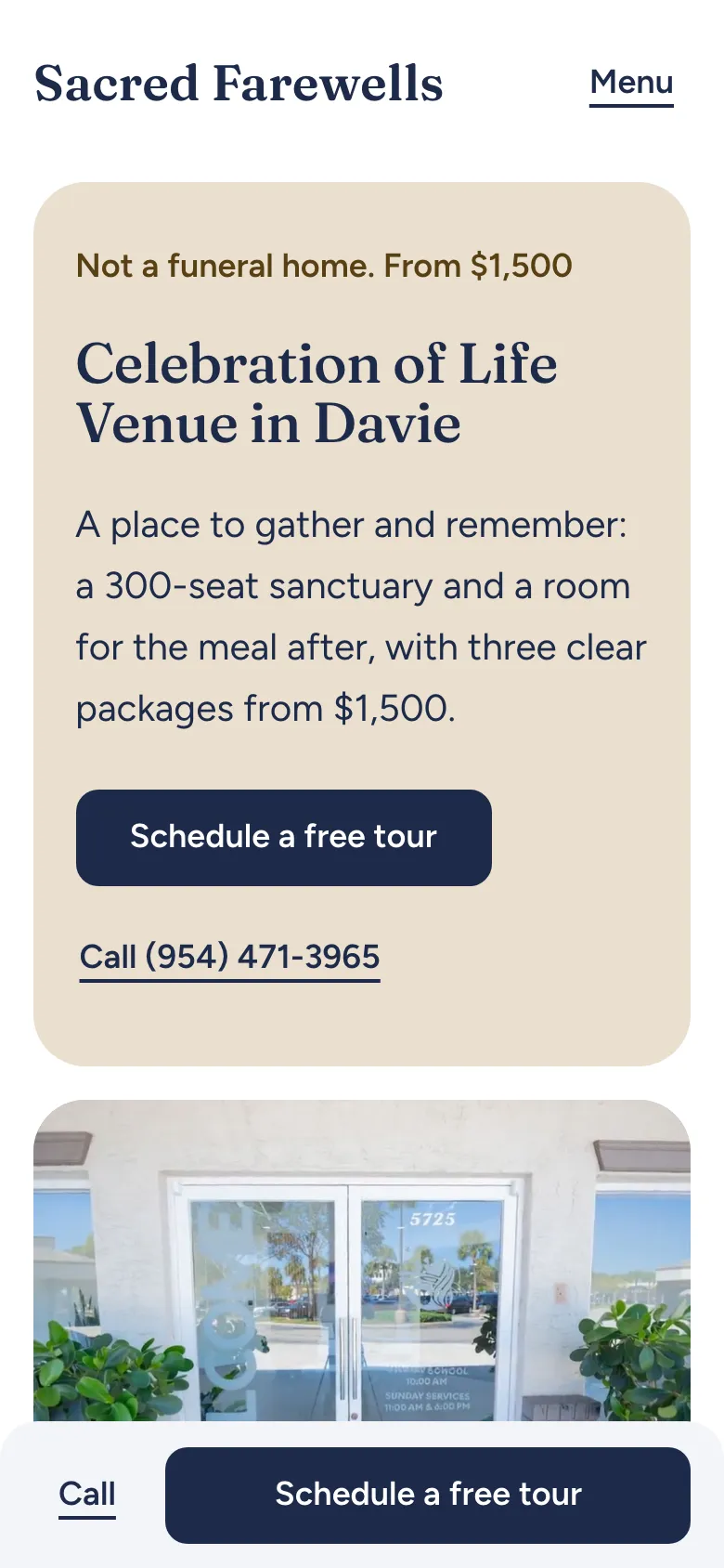 Sacred Farewells mobile website homepage for a celebration of life venue in Davie.
