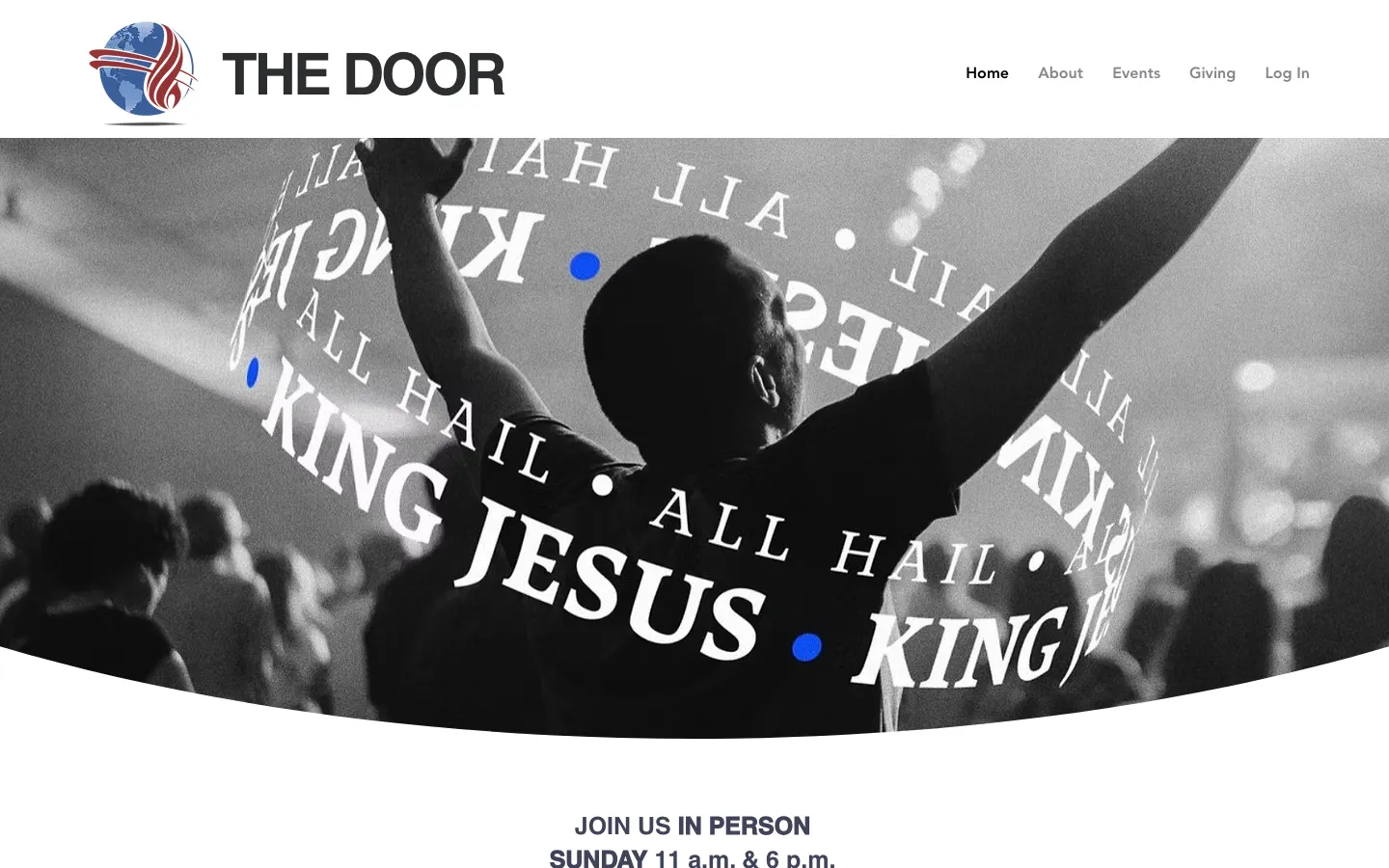 The Door Davie church homepage with a worshipper raising hands inside circular lettering.