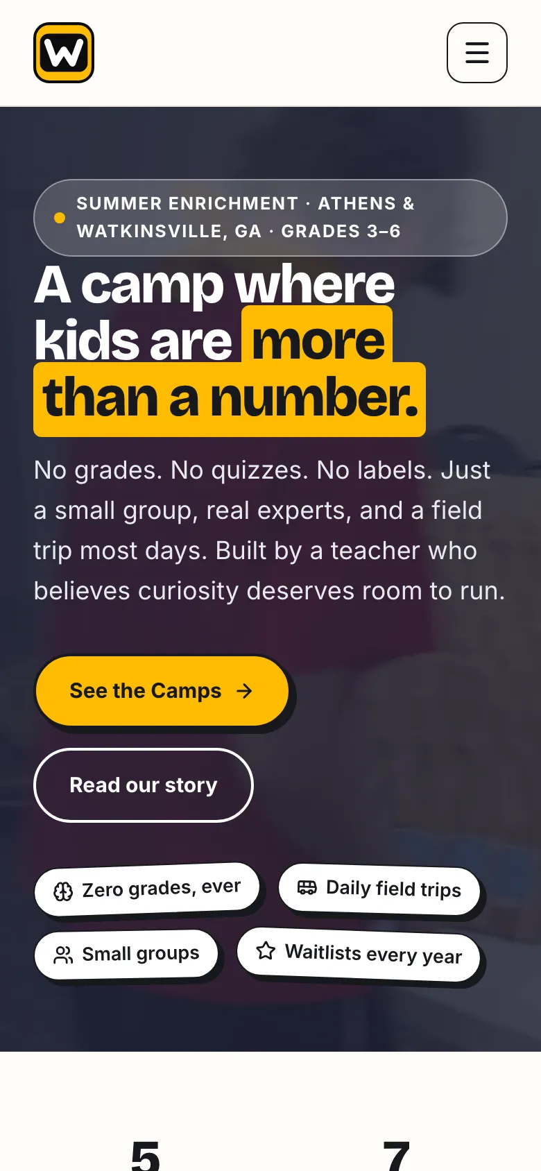 Wow Camp summer camp mobile website homepage with a yellow highlighted headline.